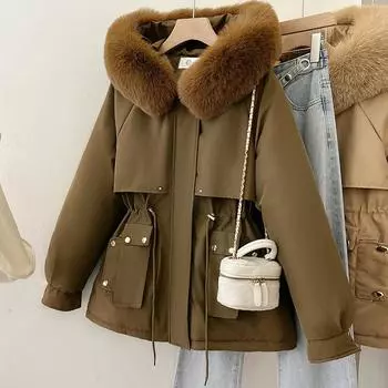 Женская осенне-зимняя однотонная парка с капюшоном, утепленная короткая свободная теплая куртка на молнии 3XL