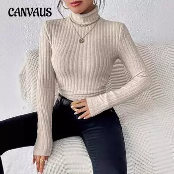 Женская осенне-зимняя однотонная повседневная футболка с высоким воротом и длинными рукавами из шерсти в полоску S чёрный