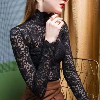 Женская осенне-зимняя однотонная рубашка с длинными рукавами, облегающие утолщенные топы с высоким воротом 3XL