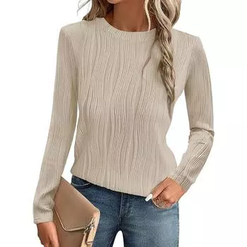 Женская осенне-зимняя однотонная рубашка с круглым вырезом и длинными рукавами S абрикосовый