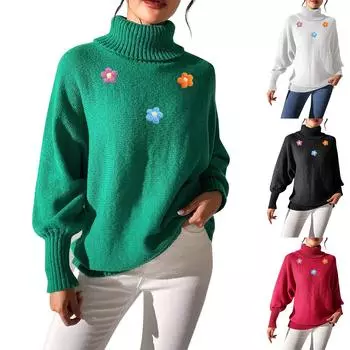 Женская осенне-зимняя однотонная ручная вязка крючком цветочная водолазка с верхним воротником L чёрный