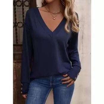 Женская осенне-зимняя однотонная свободная футболка с длинными рукавами и V-образным вырезом, блузки и рубашки с застежкой на пуговицы S тёмно-синий