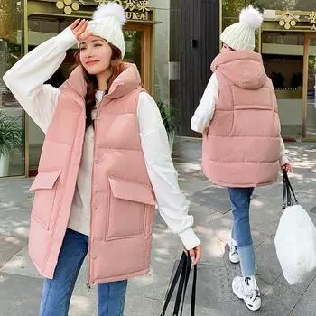 Женская осенне-зимняя однотонная свободная повседневная парка без рукавов с воротником с капюшоном и ромбической решеткой, верхняя одежда M хаки