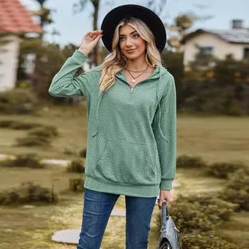 Женская осенне-зимняя однотонная свободная толстовка с длинными рукавами и капюшоном на молнии S чёрный