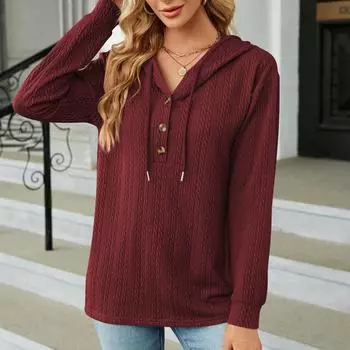 Женская осенне-зимняя однотонная толстовка с капюшоном и пуговицами, вырез с длинным рукавом, свободный крой, пуловер с текстурой, толстовка S хаки