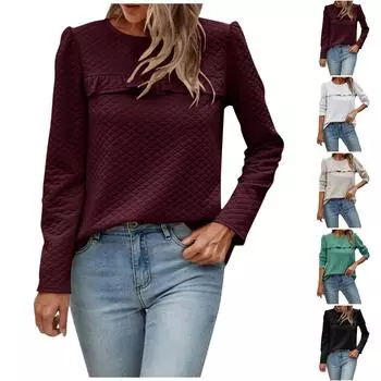 Женская осенне-зимняя однотонная толстовка с круглым вырезом, свободная повседневная футболка с длинным рукавом, топ S винный