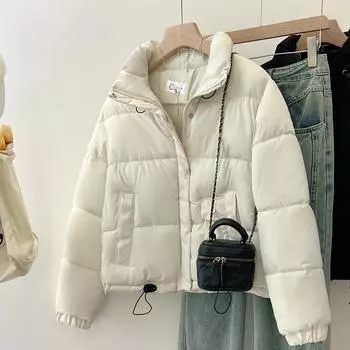 Женская осенне-зимняя однотонная утепленная короткая куртка с воротником-стойкой на молнии без капюшона теплая свободная верхняя одежда 2XL