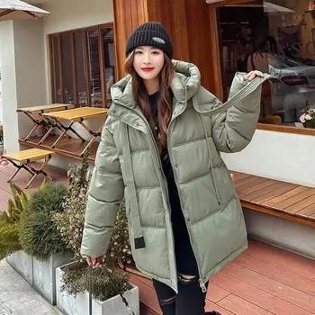 Женская осенне-зимняя однотонная утепленная верхняя одежда с воротником-стойкой, хлопковая подкладка, капюшон, карман, свободная теплая куртка, пальто M хаки