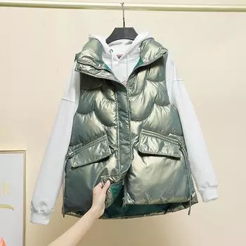 Женская осенне-зимняя однотонная утолщенная верхняя одежда с хлопковой подкладкой и воротником-стойкой, теплая куртка без рукавов, пальто, жилет L бежевый