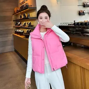 Женская осенне-зимняя однотонная утолщенная верхняя одежда с хлопковой подкладкой и воротником-стойкой, теплая куртка без рукавов, пальто, жилет M розовый
