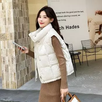 Женская осенне-зимняя однотонная утолщенная верхняя одежда с хлопковой подкладкой и воротником-стойкой, теплая куртка без рукавов, пальто, жилет M бежевый
