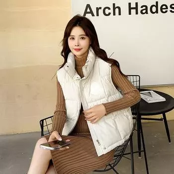 Женская осенне-зимняя однотонная утолщенная верхняя одежда с хлопковой подкладкой и воротником-стойкой, теплая куртка без рукавов, пальто, жилет M хаки