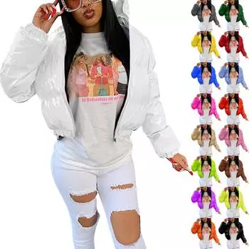 Женская осенне-зимняя однотонная зеркальная куртка-кардиган на молнии из искусственной кожи с воротником-стойкой L чёрный