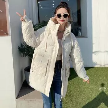 Женская осенне-зимняя парка с капюшоном и длинным рукавом, однотонная, с большим карманом, длинная парка на шнурке, шикарное теплое пальто M бежевый