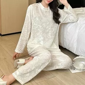 Женская осенне-зимняя пижама большого размера из бархата, теплая, повседневная, удобная, свободная, с длинным рукавом и круглым вырезом, домашняя одежда, комплект M белый