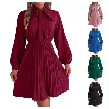 Женская осенне-зимняя плиссированная юбка с длинными рукавами и завязками на талии. M чёрный