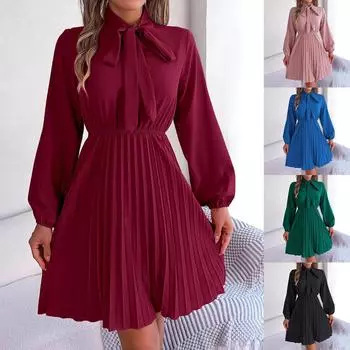 Женская осенне-зимняя плиссированная юбка с длинными рукавами и завязками на талии. S розовый