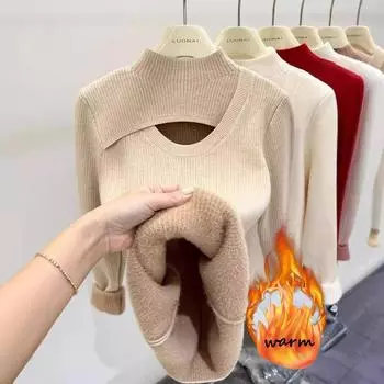 Женская осенне-зимняя плюс бархатная ажурная полуводолазка трикотажная кофта нижняя часть рубашки для женщин утолщенный теплый внутренний топ со средним воротником One size абрикосовый