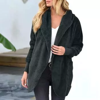 Женская осенне-зимняя плюшевая куртка средней длины с отворотами и капюшоном XL