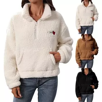 Женская осенне-зимняя плюшевая толстовка с длинным рукавом, свободная, с полумолнией и воротником-стойкой L чёрный