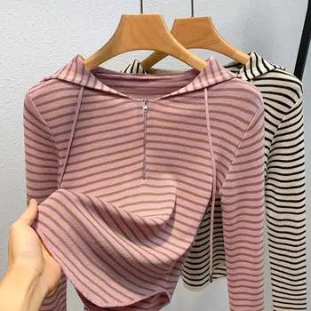 Женская осенне-зимняя полосатая толстовка с капюшоном и полумолнией, повседневная S абрикосовый