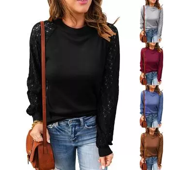 Женская осенне-зимняя повседневная элегантная кружевная однотонная футболка с длинным рукавом