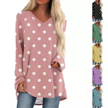 Женская осенне-зимняя повседневная длинная свободная футболка с v-образным вырезом и длинными рукавами и принтом S синий