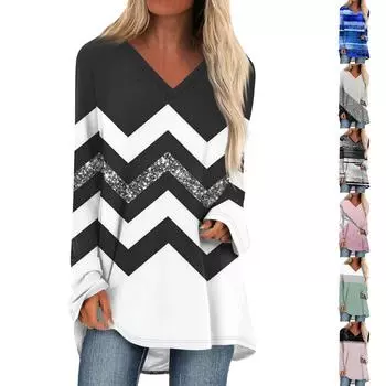 Женская осенне-зимняя повседневная длинная свободная футболка с v-образным вырезом и длинными рукавами и принтом L