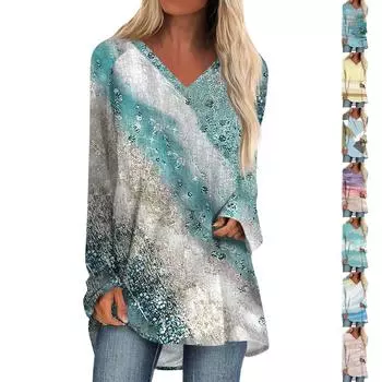 Женская осенне-зимняя повседневная длинная свободная футболка с v-образным вырезом и длинными рукавами и принтом XXL