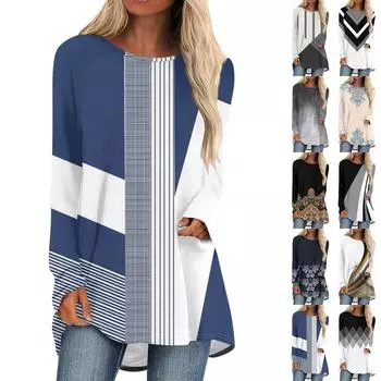 Женская осенне-зимняя повседневная длинная свободная футболка с длинными рукавами и круглым вырезом XL синий