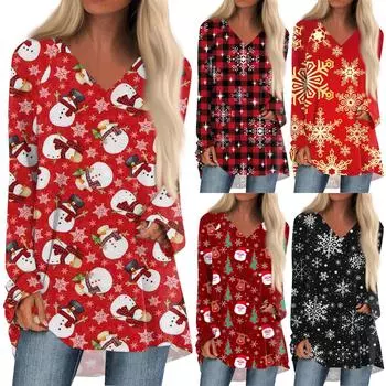 Женская осенне-зимняя повседневная длинная свободная футболка с v-образным вырезом и рождественским принтом, топ XXXL чёрный