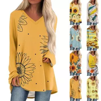 Женская осенне-зимняя повседневная длинная свободная футболка с v-образным вырезом и длинными рукавами и принтом XXXL хаки