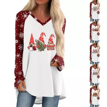Женская осенне-зимняя повседневная длинная свободная футболка с длинными рукавами и V-образным вырезом с рождественским принтом XXXL