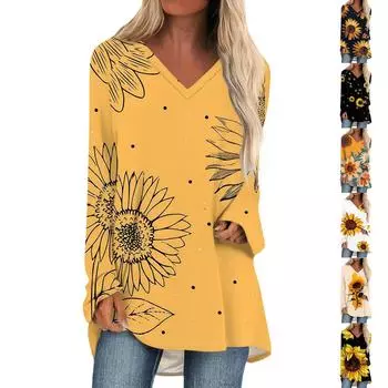 Женская осенне-зимняя повседневная длинная свободная футболка с v-образным вырезом и длинными рукавами и принтом L бежевый