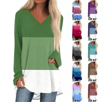 Женская осенне-зимняя повседневная длинная свободная футболка с длинными рукавами и v-образным вырезом с цветными блоками, топ M коричневый