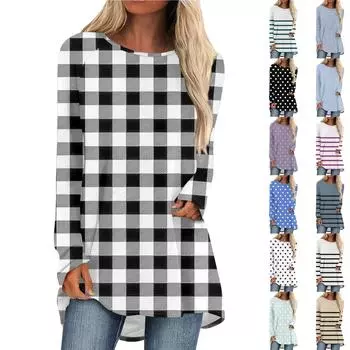 Женская осенне-зимняя повседневная длинная свободная футболка с длинными рукавами и круглым вырезом XL синий