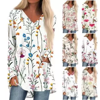 Женская осенне-зимняя повседневная длинная свободная футболка с длинными рукавами и v-образным вырезом с цветочным принтом M разноцветный