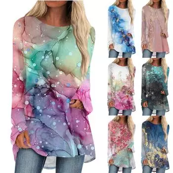 Женская осенне-зимняя повседневная длинная свободная футболка с v-образным вырезом и длинными рукавами L синий