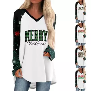 Женская осенне-зимняя повседневная длинная свободная футболка с длинными рукавами и V-образным вырезом с рождественским принтом S зелёный