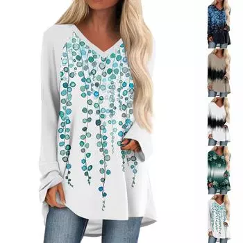 Женская осенне-зимняя повседневная длинная свободная футболка с v-образным вырезом и длинными рукавами и принтом XL синий