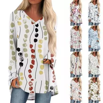 Женская осенне-зимняя повседневная длинная свободная футболка с v-образным вырезом и длинными рукавами и принтом M