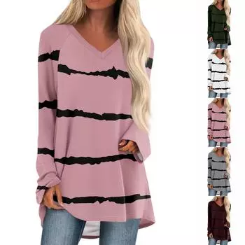 Женская осенне-зимняя повседневная длинная свободная футболка с v-образным вырезом и длинными рукавами и принтом L розовый