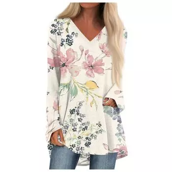 Женская осенне-зимняя повседневная длинная свободная футболка с длинными рукавами и v-образным вырезом с цветочным принтом S бежевый