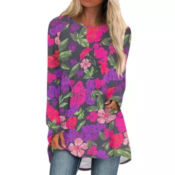 Женская осенне-зимняя повседневная длинная свободная футболка с длинными рукавами и круглым вырезом M