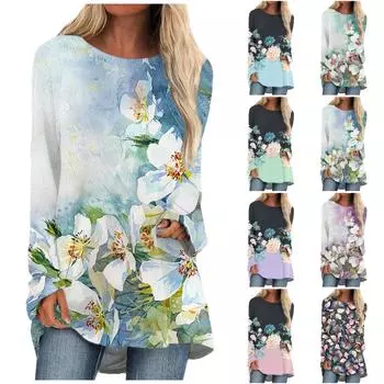 Женская осенне-зимняя повседневная футболка с круглым вырезом и пуловером с длинными рукавами с принтом XXXL