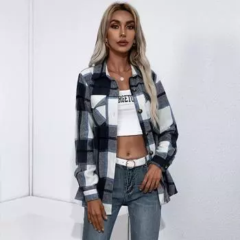 Женская осенне-зимняя повседневная клетчатая толстая кашемировая рубашка, кардиган, топ с отложным воротником, однобортный SML XL L тёмно-синий