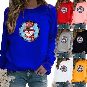 Женская осенне-зимняя повседневная модная однотонная футболка с круглым вырезом и длинными рукавами, с принтом снеговика, свободная блузка, топы XS белый