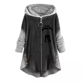 Женская осенне-зимняя повседневная однотонная плюшевая теплая куртка с капюшоном больших размеров M чёрный