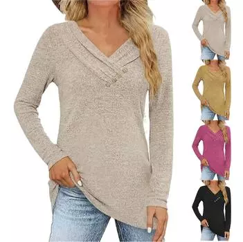 Женская осенне-зимняя повседневная однотонная рубашка с длинным рукавом, завязывающимся шнурком, V-образным вырезом и пуговицами, свитшот, топ L чёрный