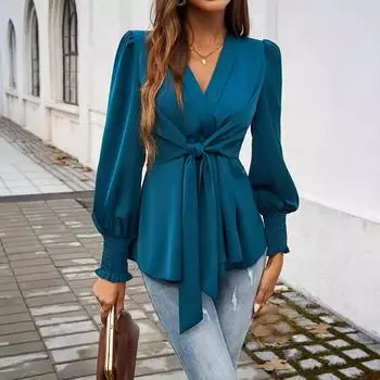 Женская осенне-зимняя повседневная однотонная рубашка с V-образным вырезом и длинными рукавами S морской синий